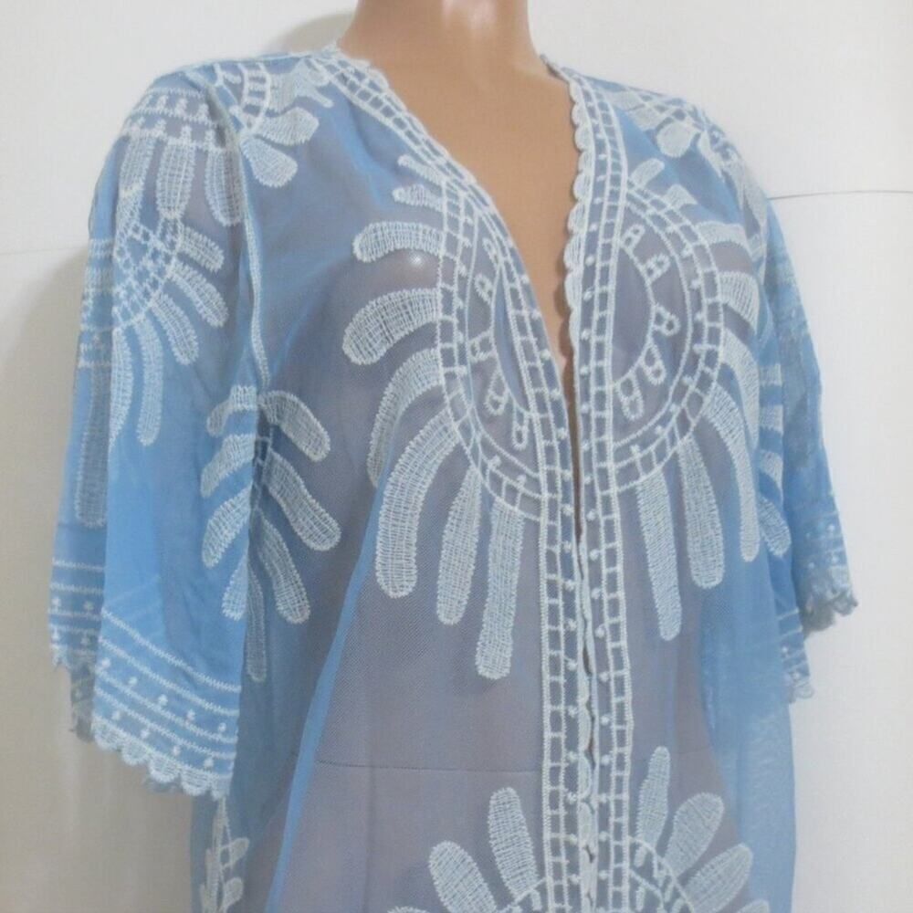 Rebellion Again Blue & White Lace Cover Up Kimono in Floral Medallion Sz S NWOT - Picture 4 of 9